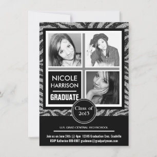 Mod Faux Silver Glitter Zebra 3 Photo Studenten Inbjudningar