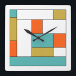 Mod för blockering av turkos blått Guld Orange Fär Fyrkantig Klocka<br><div class="desc">Denna fantastiska moderna klocka i mitten av århundradet har rektangulära block av färg i akvblått,  guld,  orange,  vitt och svart. Lägg till lite roligt i väggen!</div>