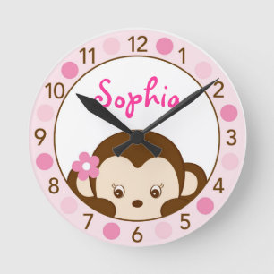 Mod Girl Monkey Personlig Nursery Wall Clock Rund Klocka