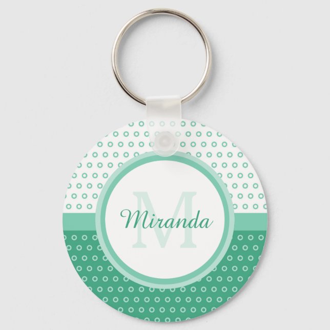 Mod Grönt och vit Polka dots monogram med Namn Nyckelring (Framsida)