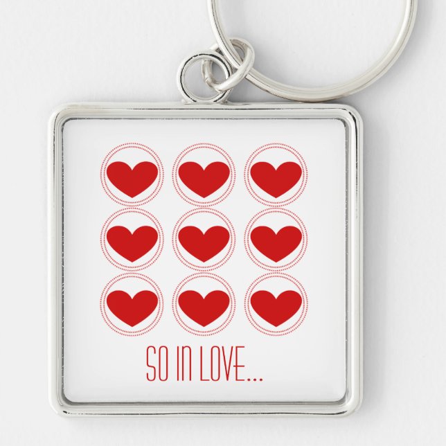 Mod Hearts Kärlek Keychain, Red Fyrkantig Silverfärgad Nyckelring (Framsidan)