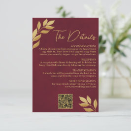 Mod Leaves Burgundy Gold Wedding Details QR Code Tilläggskort