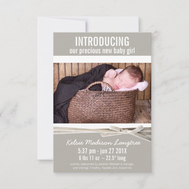 Mod Linen Flicka Birth Notice Meddelande (Framsida)