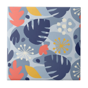 Mod Monstera Löv Abstrakt Hawaiian Tropical - Blu Kakelplatta