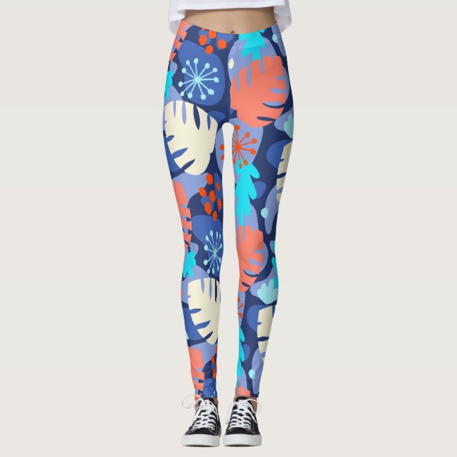Mod Monstera Löv Abstrakt Hawaiian Tropical - Navy Leggings (Framsida)