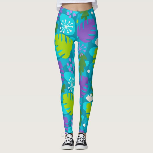Mod Monstera Löv Abstrakt Hawaiian Tropical - Teal Leggings (Framsida)