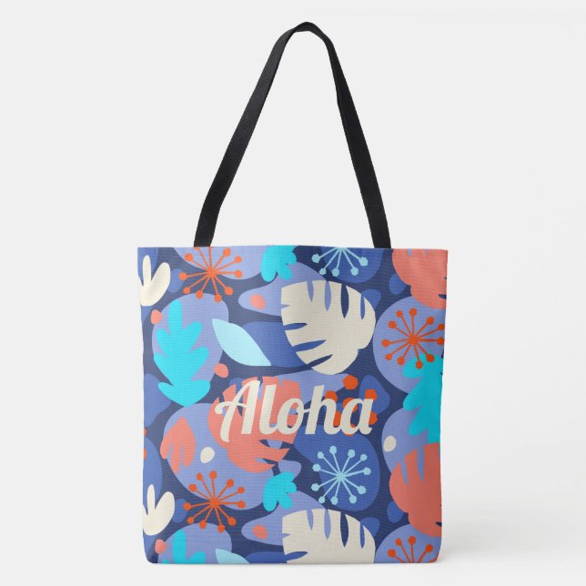 Mod Monstera Löv Hawaiian Tropical Navy Beach Bag Tygkasse (Framsida)