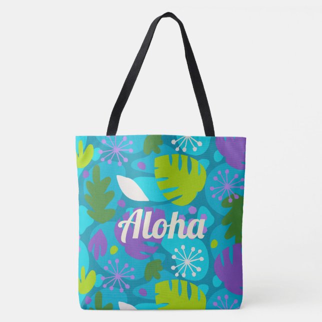 Mod Monstera Löv Hawaiian Tropical Teal Beach Bag Tygkasse (Framsida)