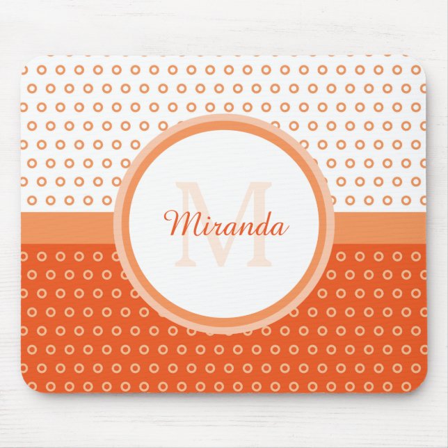 Mod Orange och vit Polka dots monogram med Namn Musmatta (Framsidan)