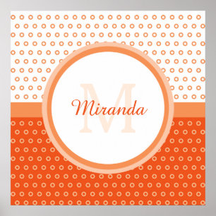 Mod Orange och vit Polka dots monogram med Namn Poster