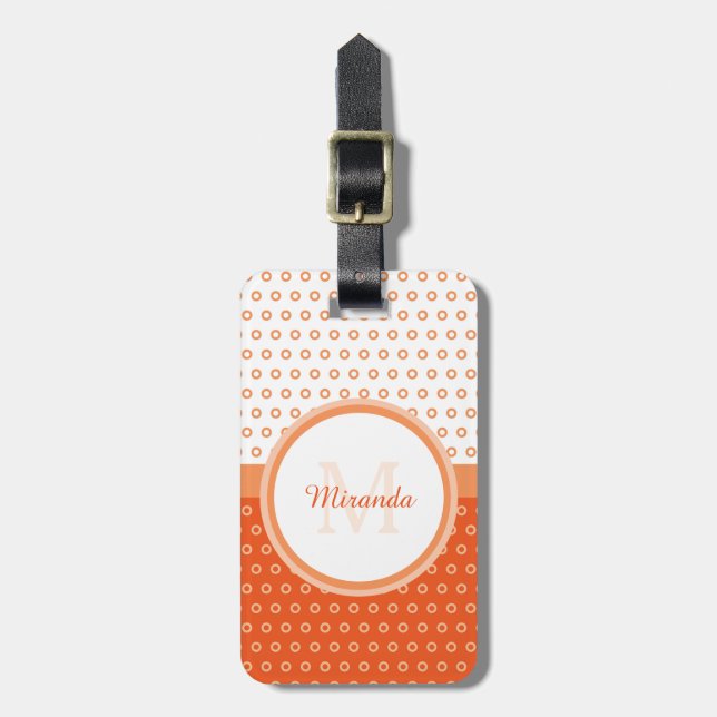 Mod Orange och Vita Prickar Monogram med Namn Bagagebricka (Vertikal Framsida)