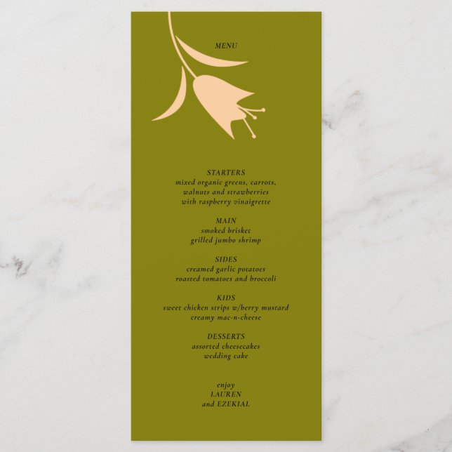 MOD PEACH & OLIVE TULIP BRÖLLOP MENY (Framsida)