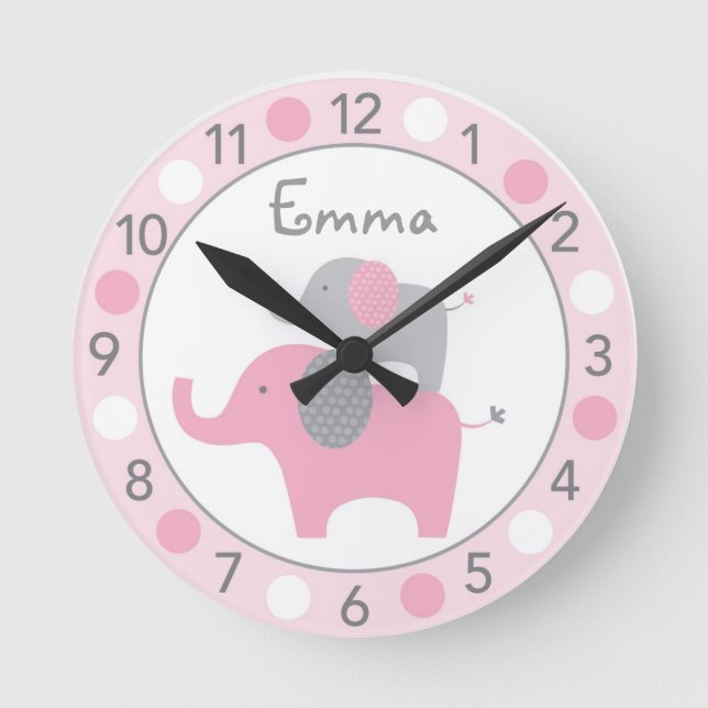 Mod Rosa Elephant Personlig Nursery Wall Clock Rund Klocka (Framsida)