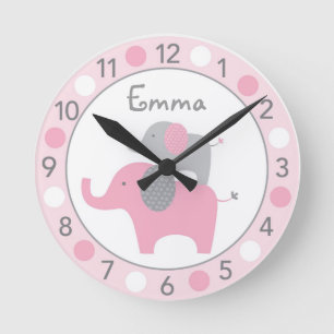 Mod Rosa Elephant Personlig Nursery Wall Clock Rund Klocka