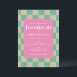 Mod Rosa Mint Grönt Checkerboard Bat mitzvah Inbjudningar<br><div class="desc">Bat mitzvah inbjudan till kontrollpanelen för mod Rosa Mint Grönt</div>