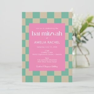 Mod Rosa Mint Grönt Checkerboard Bat mitzvah Inbjudningar