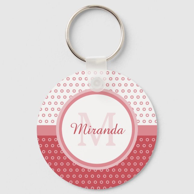 Mod Rosa och Polka dots Monogram med Namn Nyckelring (Framsida)