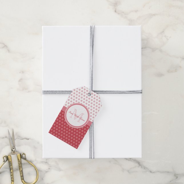 Mod Rosa och Polka dots Monogram med Namn Presentetikett (Med Snöre)