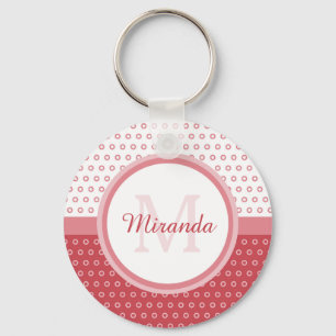 Mod Rosa och vit Polka dots Monogram med Namn Nyckelring