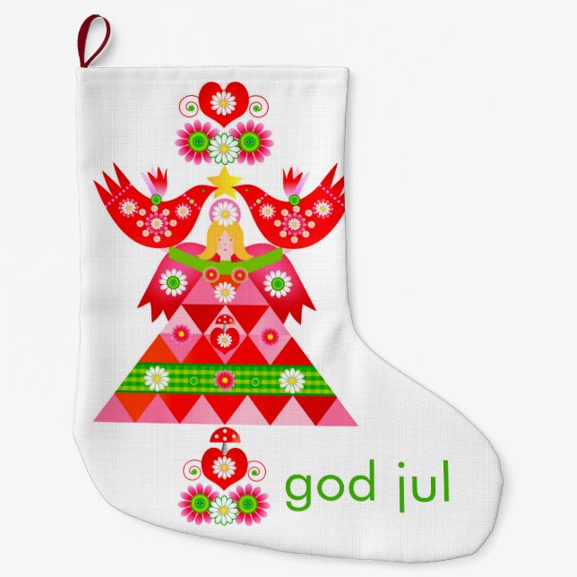 Mod Scandi Helgdag Bird Angel Stocking Stor Julstrumpa (Framsidan)