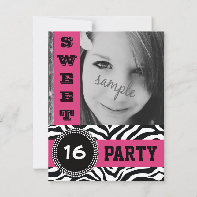 Mod Shock rosa Zebra Sweet 16 Party med Photo Inbjudningar (Framsida)