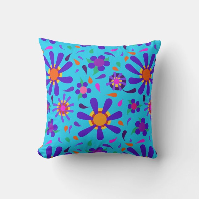 Mod Stil Lila blommor om Aqua Blue Kudde (Framsida)