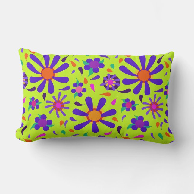 Mod Stil Lila blommor om Peridot-Grönt Lumbarkudde (Framsida)