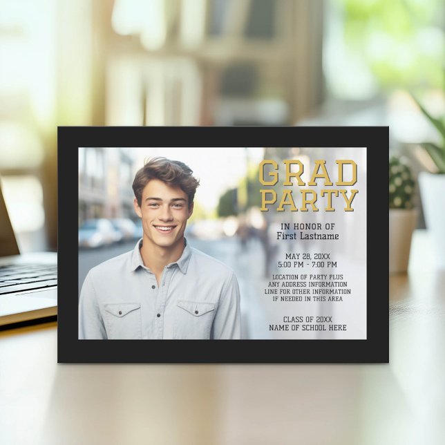 Mod Studenten fotoannonsering - Svarta Guld Meddelande (Graduation Party Invitation with Photo)
