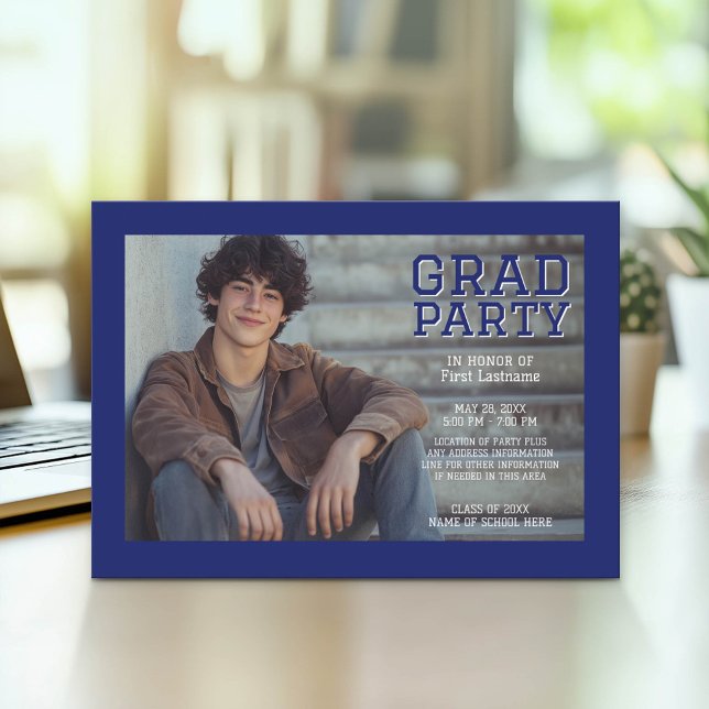 Mod Studenten fotomeddelande - svart blått Meddelande (Graduation Party Invitation with Photo)