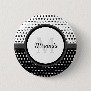 Mod svartvit Polka dots monogram med Namn Knapp