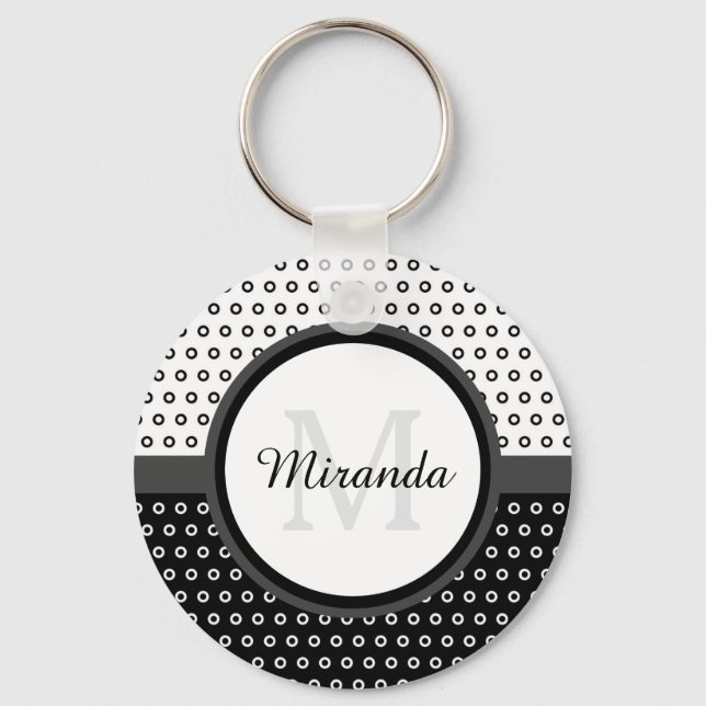 Mod svartvit Polka dots monogram med Namn Nyckelring (Framsida)