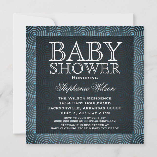 Mod Swirls Baby Shower Inbjudan, blå, blå Inbjudningar (Framsida)