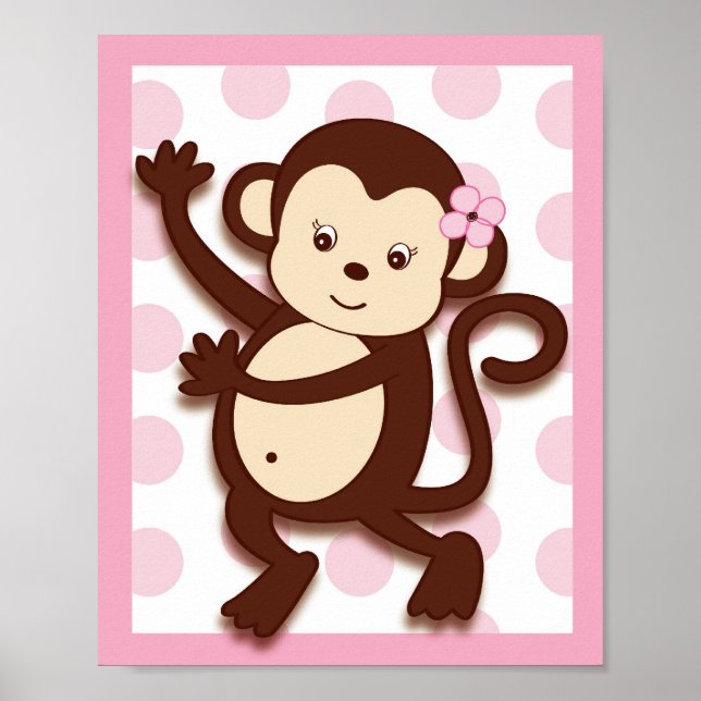 Mod tjej Monkey Dots Nursery Väggkonsttryck Poster (Framsidan)