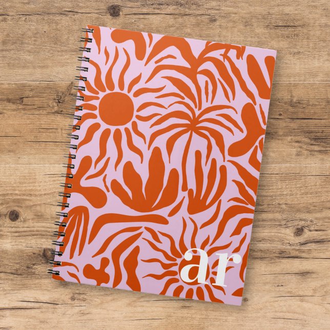 Mod Tropical Boho Rosa + Orange Mönster Monogram Anteckningsbok (Skapare uppladdad)