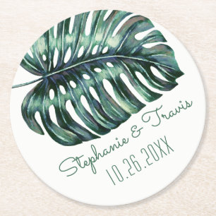 Mod Tropical Handflatan Löv Monstera Greenery Underlägg Papper Rund