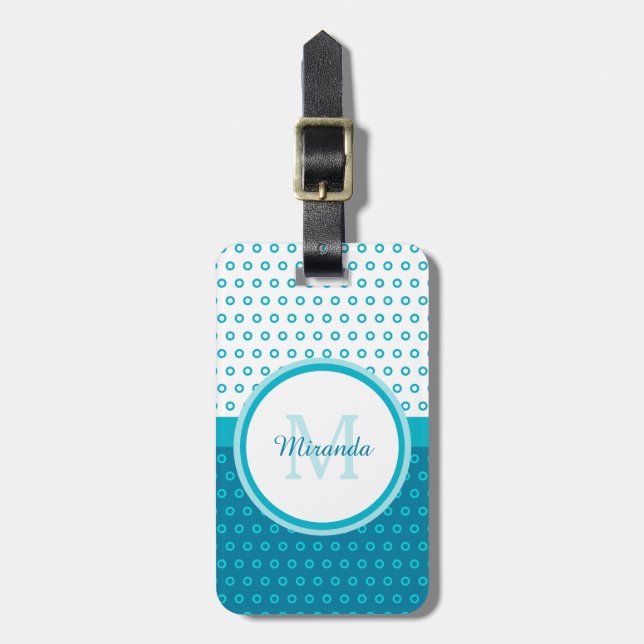 Mod Turkos Blue Polka dots Monogram med Namn Bagagebricka (Vertikal Framsida)
