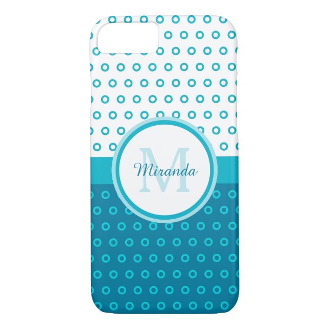 Mod Turkos Blue Polka dots Monogram med Namn Case-Mate iPhone Skal (Baksida)