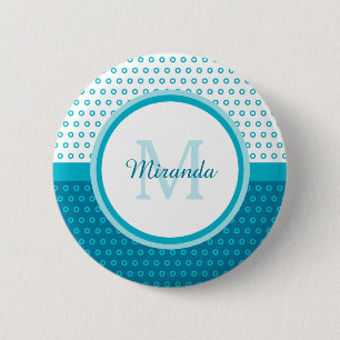 Mod Turkos Blue Polka dots Monogram med Namn Knapp