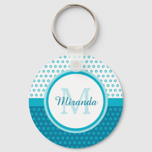 Mod Turkos Blue Polka dots Monogram med Namn Nyckelring