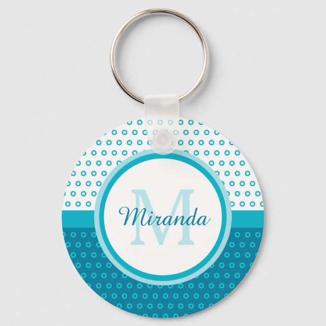 Mod Turkos Blue Polka dots Monogram med Namn Nyckelring (Framsida)