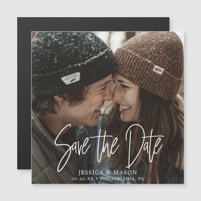 Mod Vita magneter i Bröllop spara datum med foto (Fram/baksida)