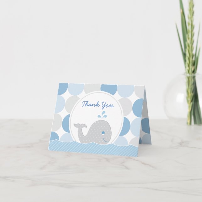 Mod Whale Pojke Shower Blue & Grått Dots Tack Y Kort (Framsida)