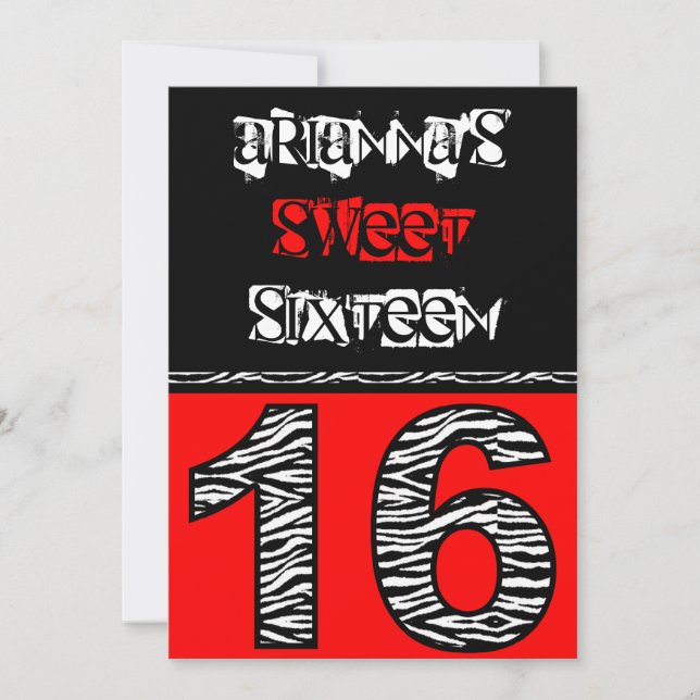 Mod Zebra tryck Sweet sixteen [röd] Inbjudningar (Framsida)