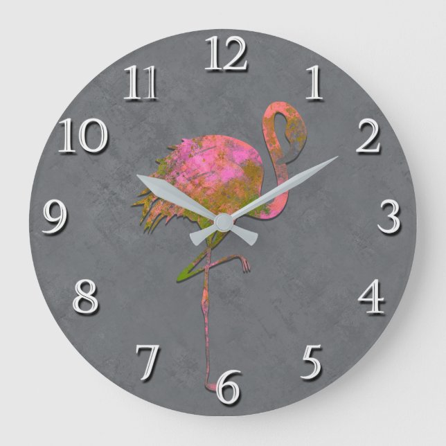 Moda färgglad sommar flamingo chic modern grå stor klocka (Framsida)