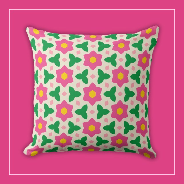 Moda rosa blommor med grön geometrisk blomsterdesi kudde (Skapare uppladdad)