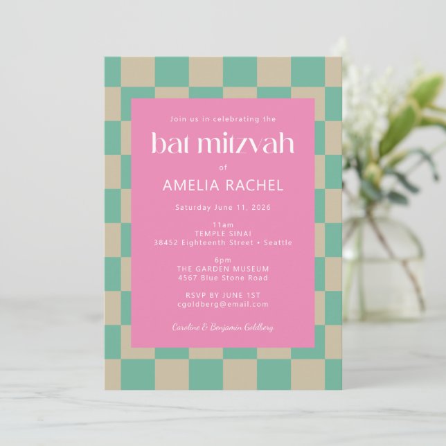 Moda Rosa Mintgrön Rutig Bat Mitzvah RSVP Inbjudningar (Stående Fram)