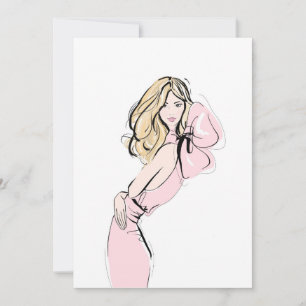 Mode blonde hårflicka i rosa klänning julkort