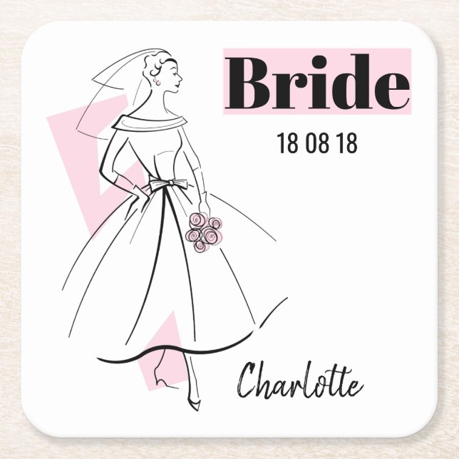 Mode Bride Rosa Bride Date Namn underlägg Papper Kvadrat (Framsidan)