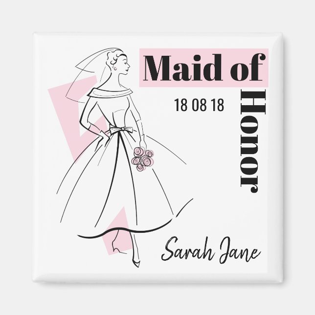 Mode Bride Rosa Maid of honor Datum Namn Magnet (Framsidan)