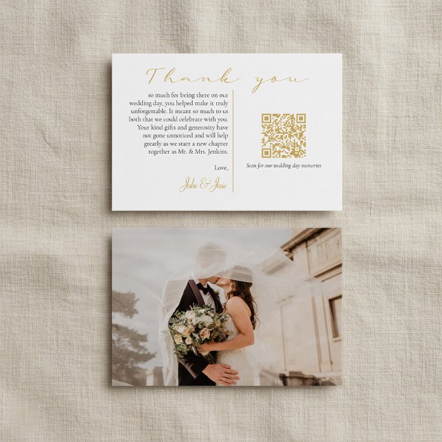 Mode bröllop, foto och minnen guld QR-kod Tack Kort (Modern wedding photo and memories gold QR code Thank You Card.)